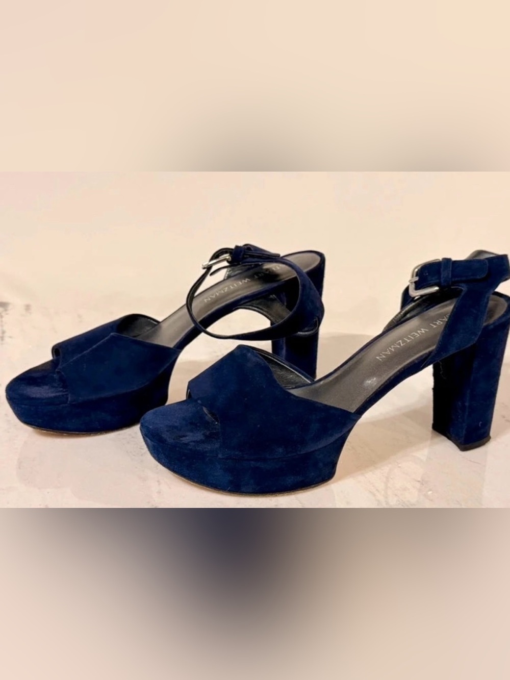 Stuart Weitzman Navy Suede Platform Block Heel Ankle Strap Sandals Size 10